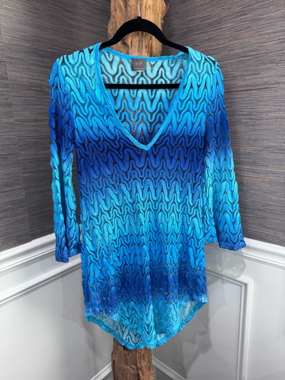 Elif by Jordan Taylor Blue Ombre V-Neck Sheer Knit Swim Coverup